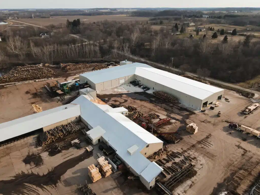 Aerial shot of Buskirk Lumber's Freeport, Michigan sawmill, one of the largest sawmills in Michigan.