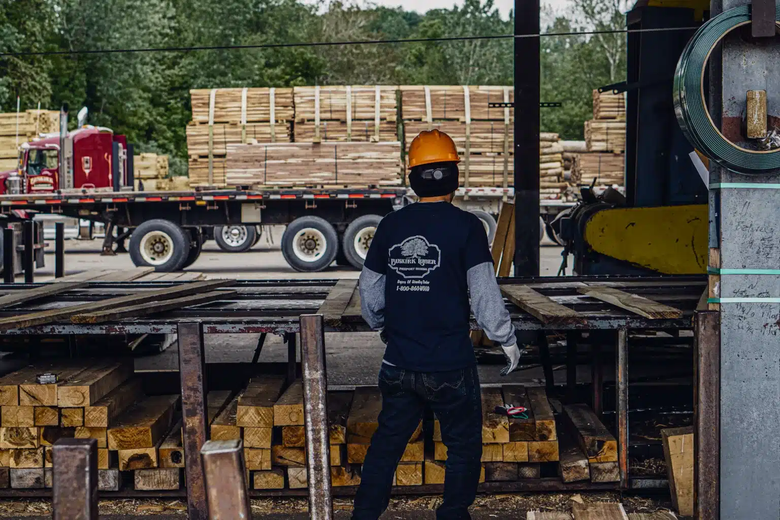 Buskirk Lumber timber procurement employee sorts cut hardwood lumber on a conveyor belt.